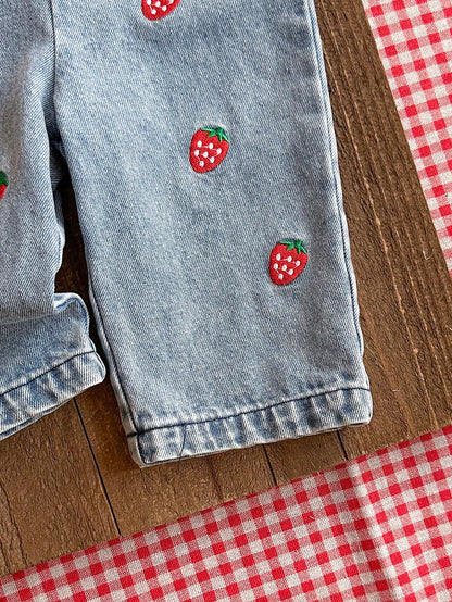 Vintaside Kids 1pc Baby Girl Blue Denim Casual Cute Embroidered Floral Strap Denim Jumpsuit, Suitable For Outings And Parties