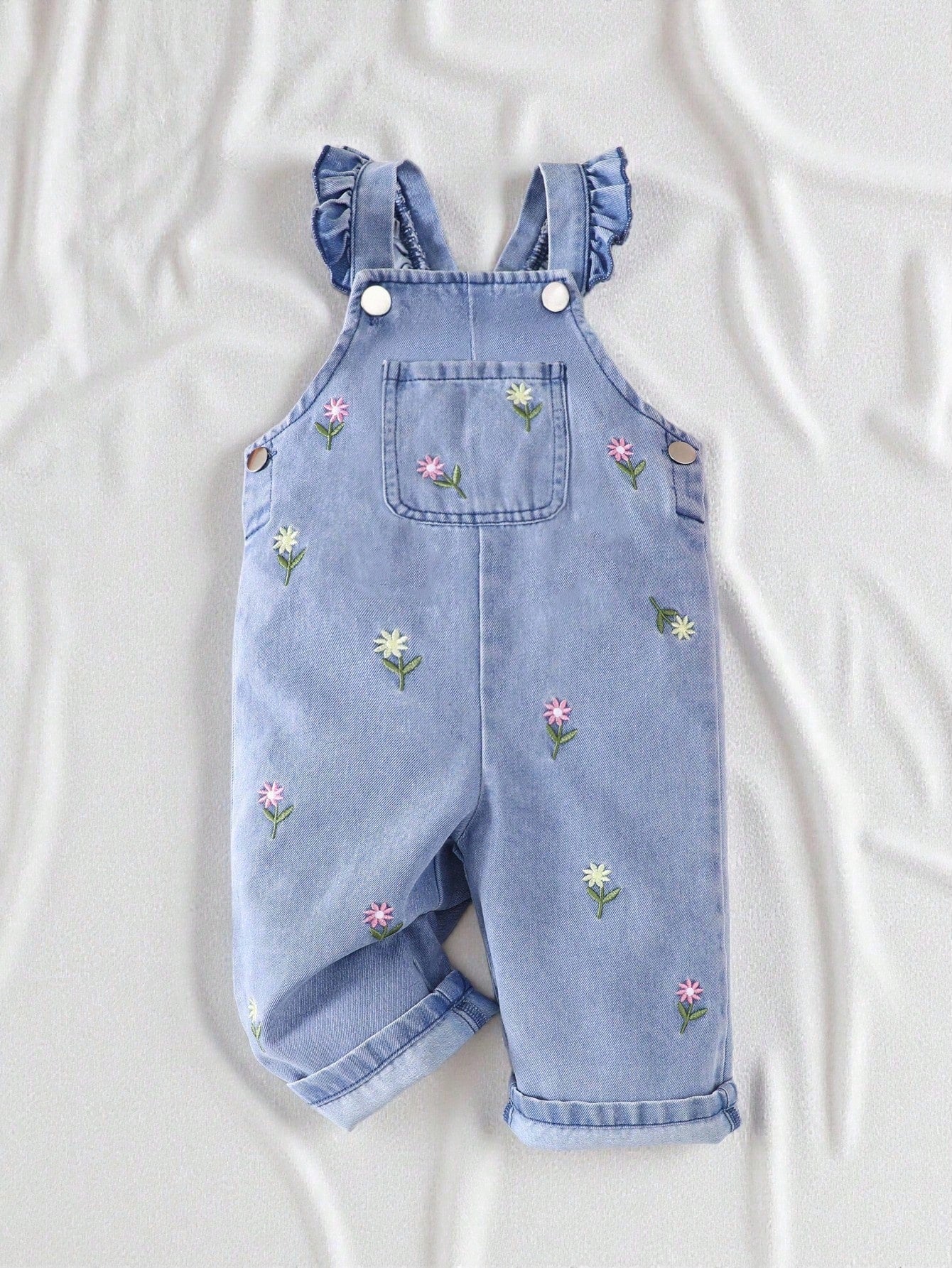 Vintaside Kids 1pc Baby Girl Blue Denim Casual Cute Embroidered Floral Strap Denim Jumpsuit, Suitable For Outings And Parties