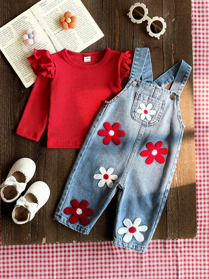 Vintaside Kids 2pcs Baby Boy Girl Unisex Infant Toddler 0-3 Years Spring Autumn Red Sweet Style Floral Embroidery Denim Pants Round Neck Long Sleeve Top Set White