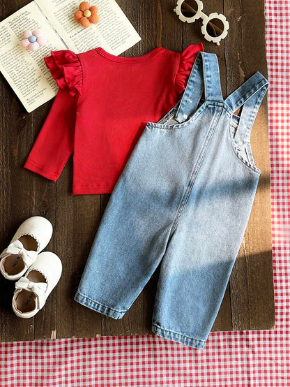 Vintaside Kids 2pcs Baby Boy Girl Unisex Infant Toddler 0-3 Years Spring Autumn Red Sweet Style Floral Embroidery Denim Pants Round Neck Long Sleeve Top Set White