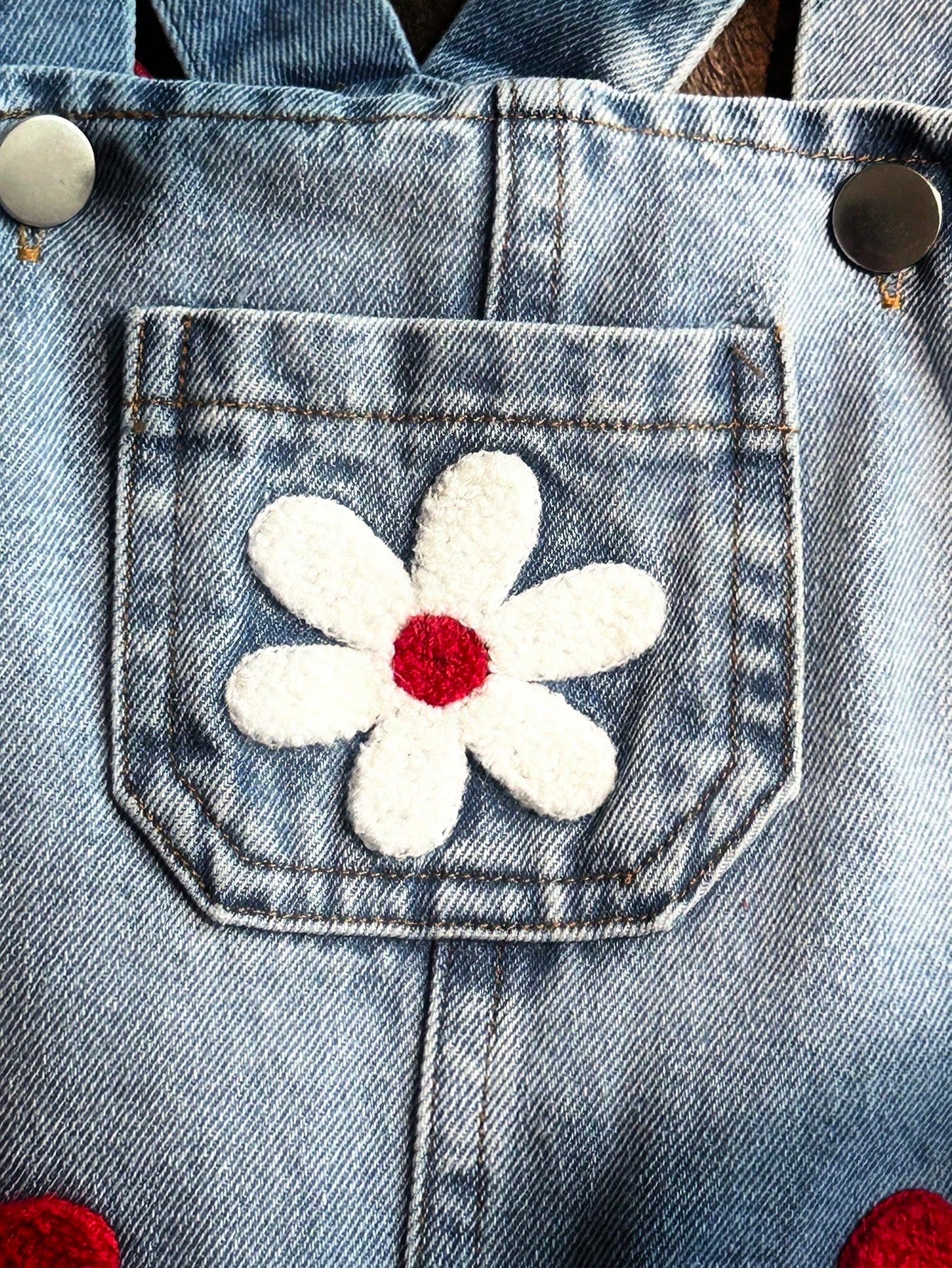 Vintaside Kids 2pcs Baby Boy Girl Unisex Infant Toddler 0-3 Years Spring Autumn Red Sweet Style Floral Embroidery Denim Pants Round Neck Long Sleeve Top Set White