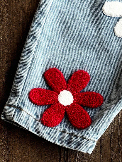 Vintaside Kids 2pcs Baby Boy Girl Unisex Infant Toddler 0-3 Years Spring Autumn Red Sweet Style Floral Embroidery Denim Pants Round Neck Long Sleeve Top Set White
