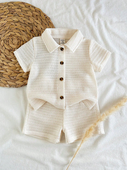 Vintaside Kids 2pcs Baby Boy Shirt & Shorts Set, Countryside Style, Special Textured Fabric, Comfortable Linen Blend, Versatile Casual Outfit