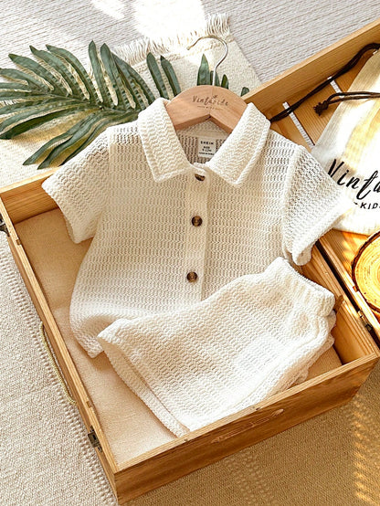 Vintaside Kids 2pcs Baby Boy Shirt & Shorts Set, Countryside Style, Special Textured Fabric, Comfortable Linen Blend, Versatile Casual Outfit