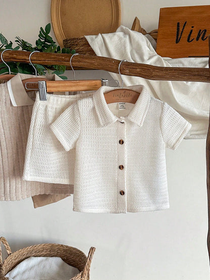 Vintaside Kids 2pcs Baby Boy Shirt & Shorts Set, Countryside Style, Special Textured Fabric, Comfortable Linen Blend, Versatile Casual Outfit