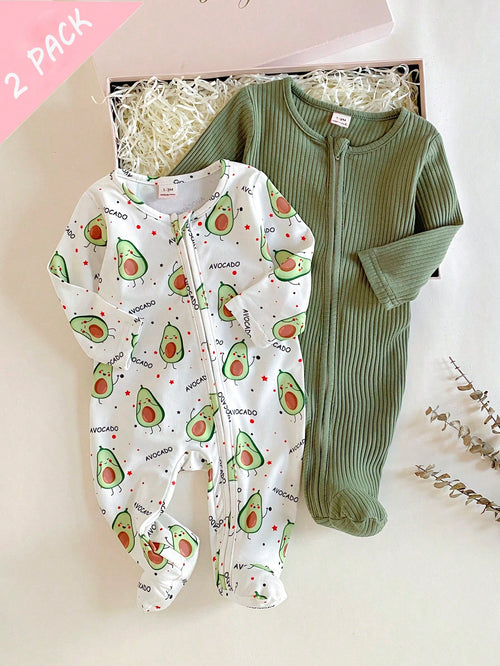 Vintaside Kids 2pcs/Set Long Sleeve Avocado All White Emerald Green Knitted Soft Comfortable Jumpsuit, Best Gift For Newborns Night Photoshoot Autumn Kawaii Cute