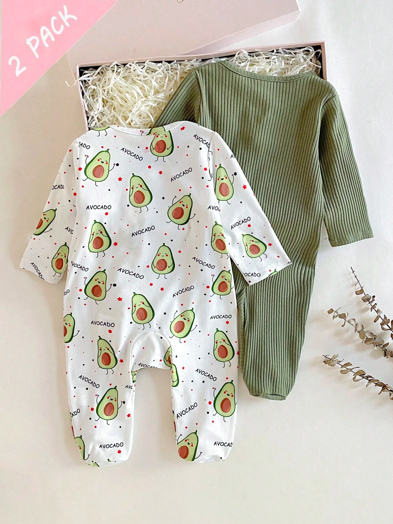 Vintaside Kids 2pcs/Set Long Sleeve Avocado All White Emerald Green Knitted Soft Comfortable Jumpsuit, Best Gift For Newborns Night Photoshoot Autumn Kawaii Cute