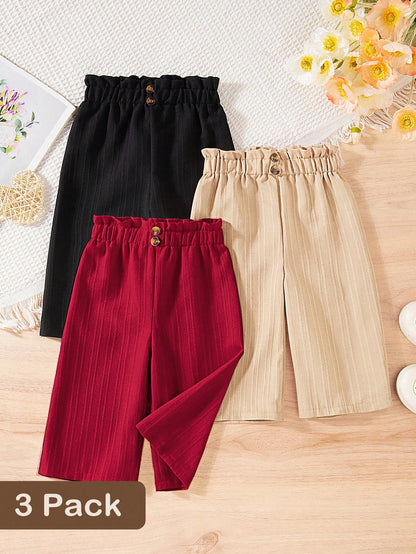 Vintaside Kids 3-Piece Set Solid Color Baby Girl Casual Comfortable Versatile Button Wide-Leg Pants, Suitable For Daily Wear In Spring And Autumn, Outdoor