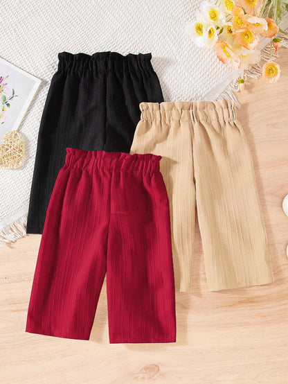 Vintaside Kids 3-Piece Set Solid Color Baby Girl Casual Comfortable Versatile Button Wide-Leg Pants, Suitable For Daily Wear In Spring And Autumn, Outdoor
