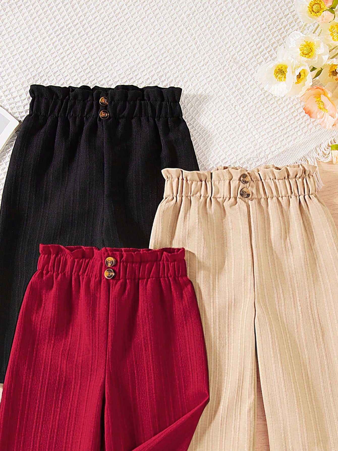 Vintaside Kids 3-Piece Set Solid Color Baby Girl Casual Comfortable Versatile Button Wide-Leg Pants, Suitable For Daily Wear In Spring And Autumn, Outdoor