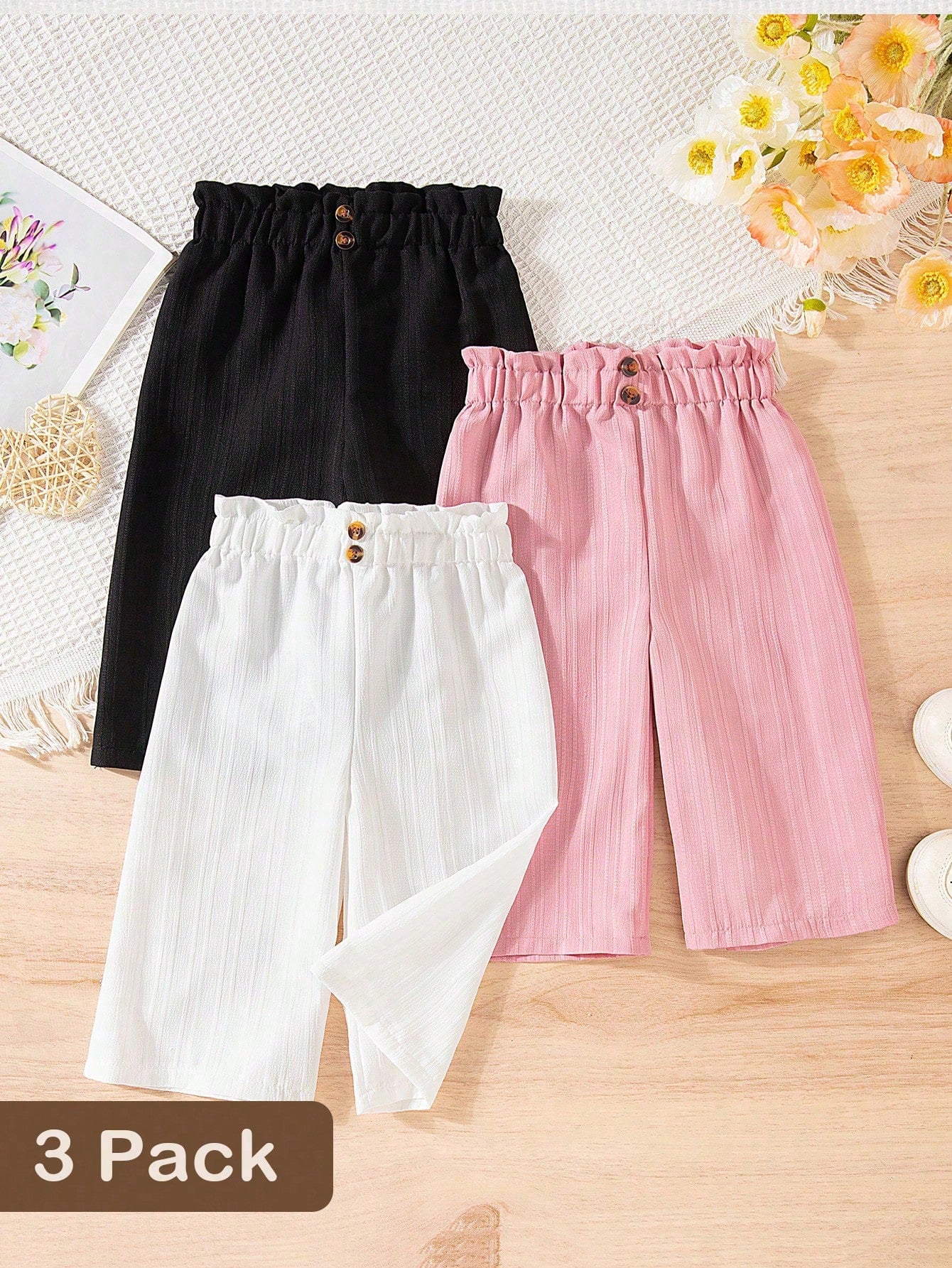 Vintaside Kids 3-Piece Set Solid Color Baby Girl Casual Comfortable Versatile Button Wide-Leg Pants, Suitable For Daily Wear In Spring And Autumn, Outdoor