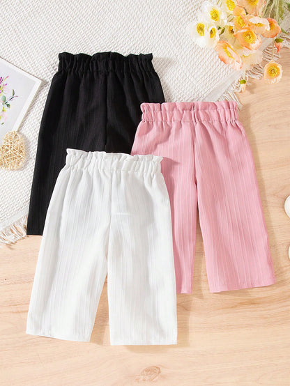 Vintaside Kids 3-Piece Set Solid Color Baby Girl Casual Comfortable Versatile Button Wide-Leg Pants, Suitable For Daily Wear In Spring And Autumn, Outdoor