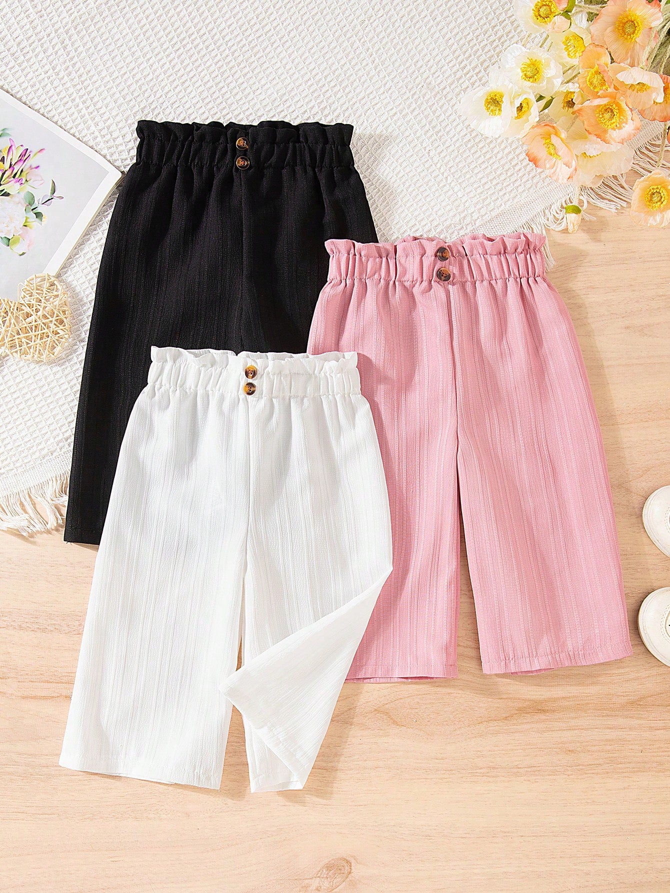 Vintaside Kids 3-Piece Set Solid Color Baby Girl Casual Comfortable Versatile Button Wide-Leg Pants, Suitable For Daily Wear In Spring And Autumn, Outdoor