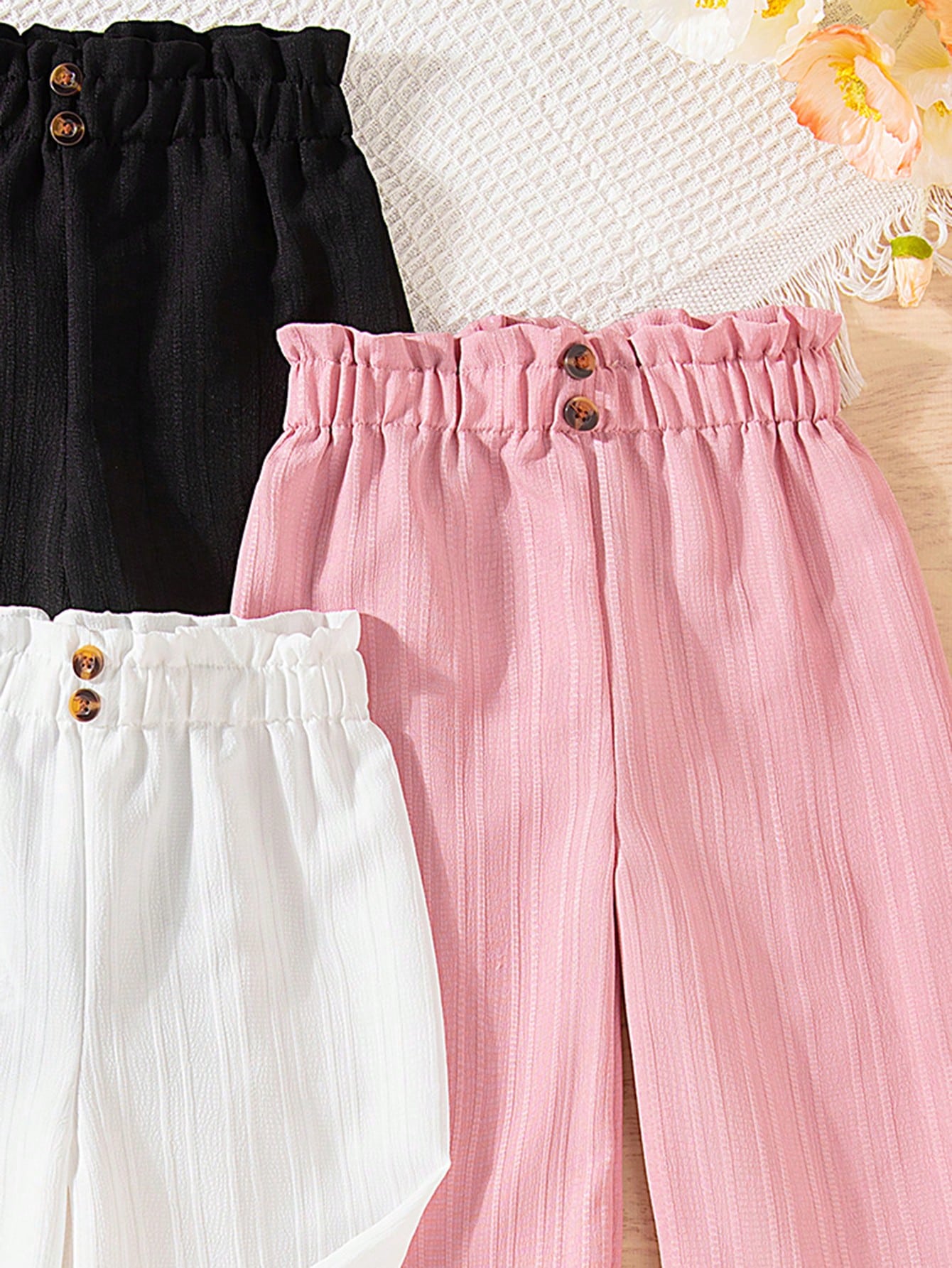 Vintaside Kids 3-Piece Set Solid Color Baby Girl Casual Comfortable Versatile Button Wide-Leg Pants, Suitable For Daily Wear In Spring And Autumn, Outdoor