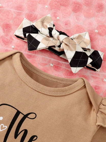 Vintaside Kids 3pcs Baby Girls' Cute Heart Leopard Print Long Sleeve Bodysuit, Ruffled Letter Tee And Pants Set, For Christmas Family Matching Brown Black Autumn