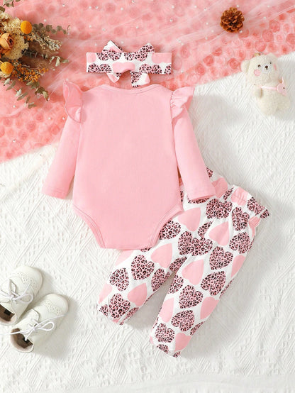 Vintaside Kids 3pcs Baby Girls' Cute Heart Leopard Print Long Sleeve Bodysuit, Ruffled Letter Tee And Pants Set, For Christmas Family Matching Brown Black Autumn