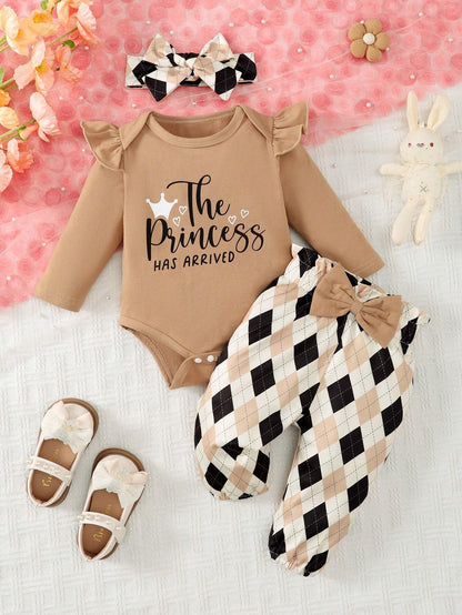 Vintaside Kids 3pcs Baby Girls' Cute Heart Leopard Print Long Sleeve Bodysuit, Ruffled Letter Tee And Pants Set, For Christmas Family Matching Brown Black Autumn