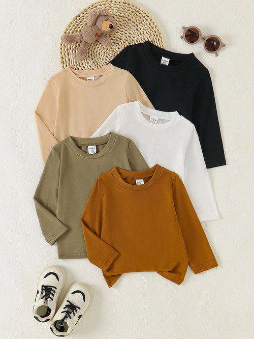 Vintaside Kids 5pcs/Set Toddler Boys' Casual Solid Round Neck Long Sleeve T-Shirts, Comfortable Versatile Sporty Style For Daily Wear, Spring/Autumn Fall Winter