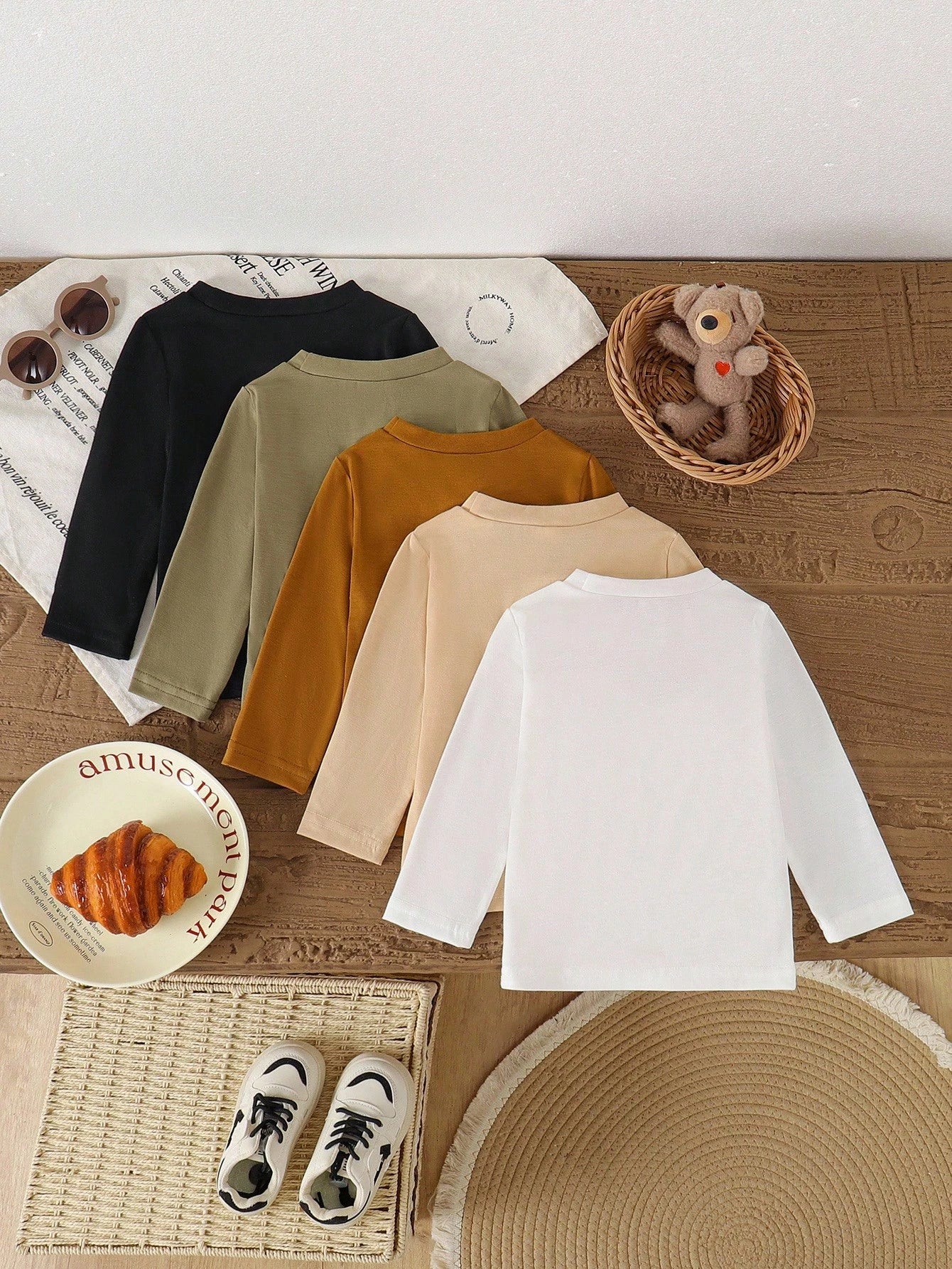 Vintaside Kids 5pcs/Set Toddler Boys' Casual Solid Round Neck Long Sleeve T-Shirts, Comfortable Versatile Sporty Style For Daily Wear, Spring/Autumn Fall Winter