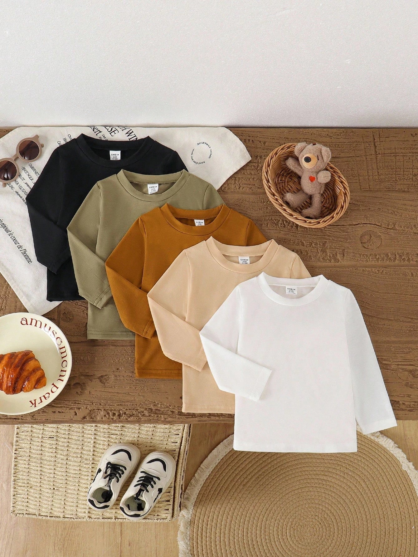 Vintaside Kids 5pcs/Set Toddler Boys' Casual Solid Round Neck Long Sleeve T-Shirts, Comfortable Versatile Sporty Style For Daily Wear, Spring/Autumn Fall Winter