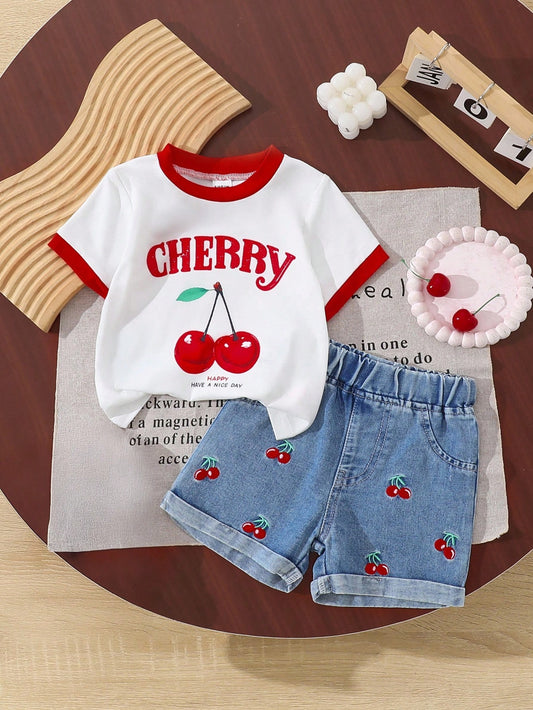 Vintaside Kids Baby Girl Cherry Print T-Shirt With Contrast Trim, Fashion Short Sleeve Top, Embroidery Pattern Contrast Color Hem Shorts 2Pc Set