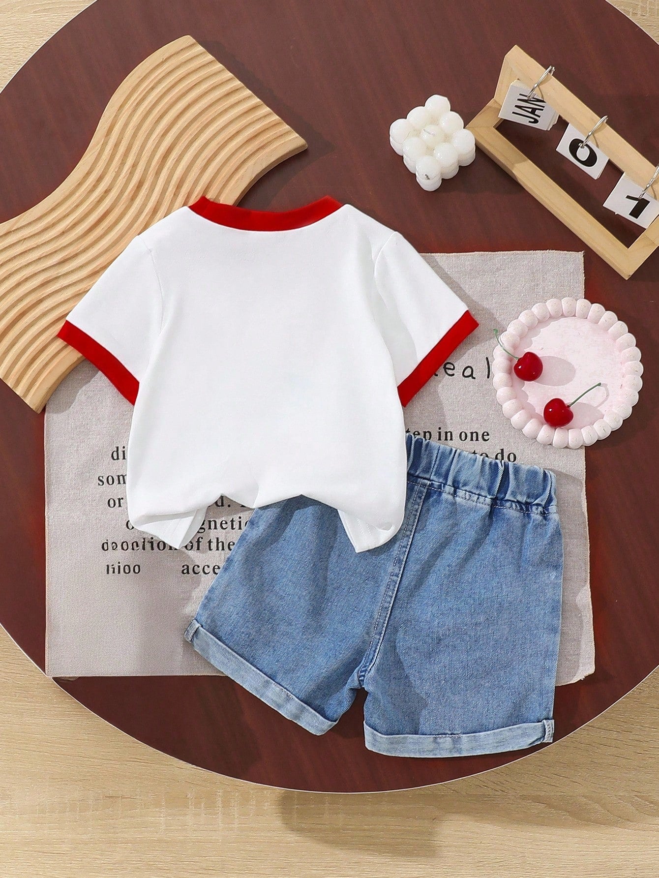 Vintaside Kids Baby Girl Cherry Print T-Shirt With Contrast Trim, Fashion Short Sleeve Top, Embroidery Pattern Contrast Color Hem Shorts 2Pc Set