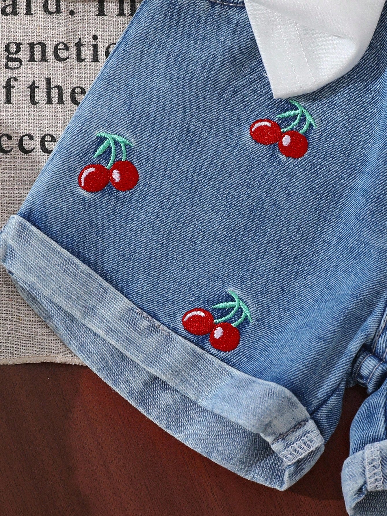 Vintaside Kids Baby Girl Cherry Print T-Shirt With Contrast Trim, Fashion Short Sleeve Top, Embroidery Pattern Contrast Color Hem Shorts 2Pc Set