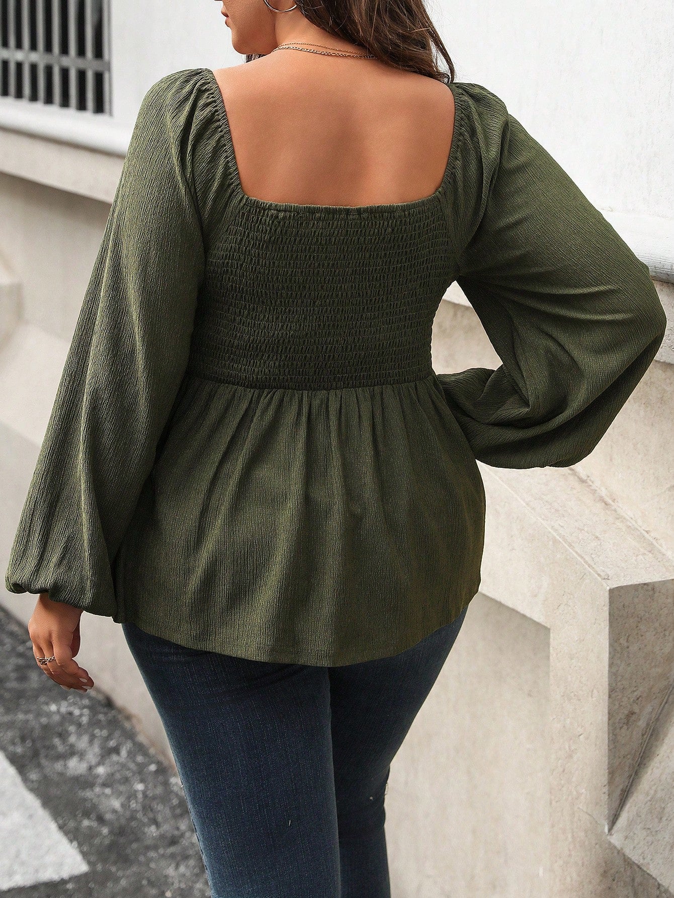 Vionelle Plus Size Women Spring/Summer Solid Square Collar Ruched Lantern Sleeve Elegant Blouse Peplum Top Fall