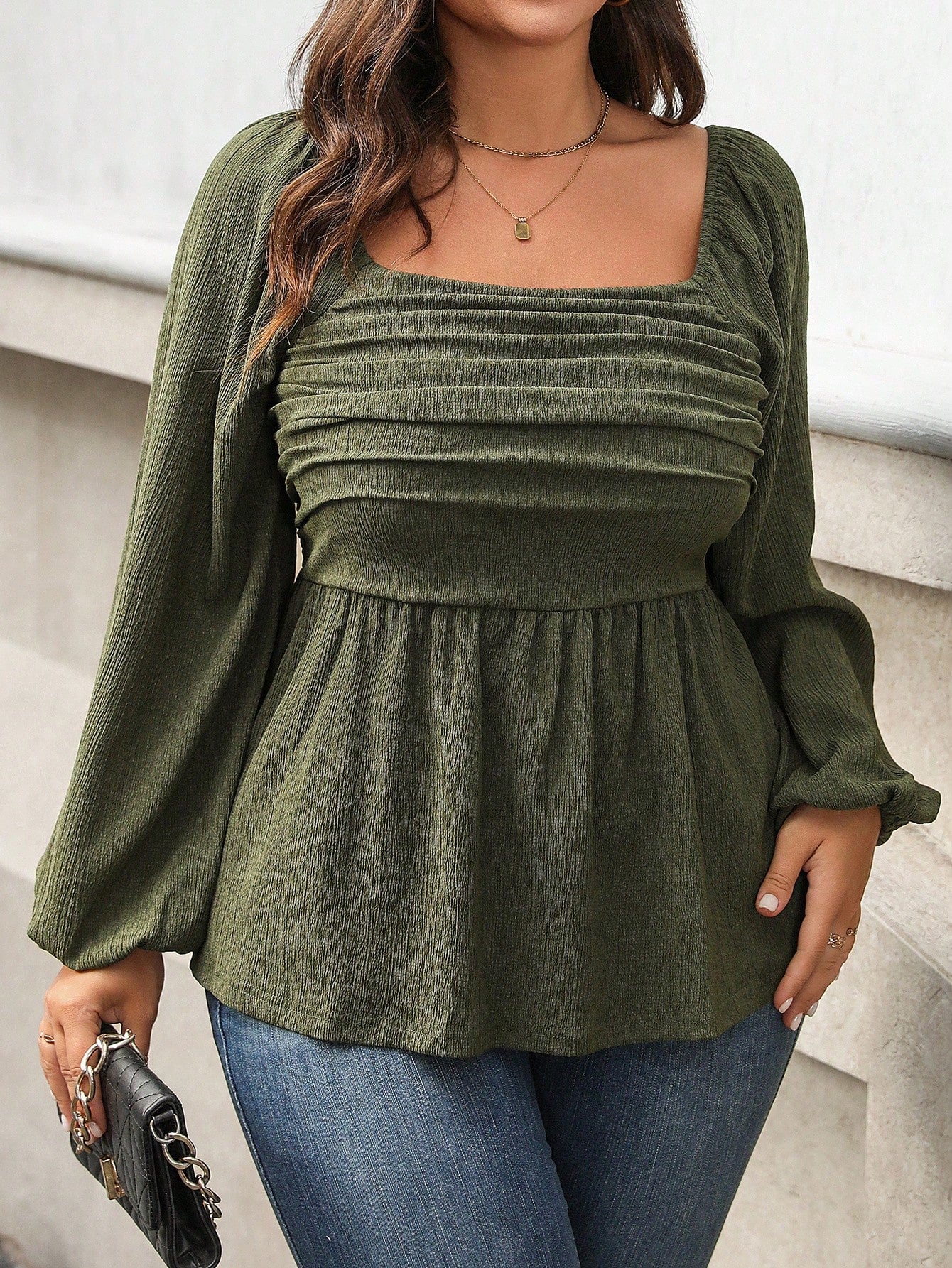 Vionelle Plus Size Women Spring/Summer Solid Square Collar Ruched Lantern Sleeve Elegant Blouse Peplum Top Fall