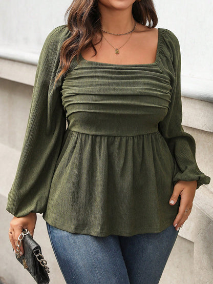 Vionelle Plus Size Women Spring/Summer Solid Square Collar Ruched Lantern Sleeve Elegant Blouse Peplum Top Fall