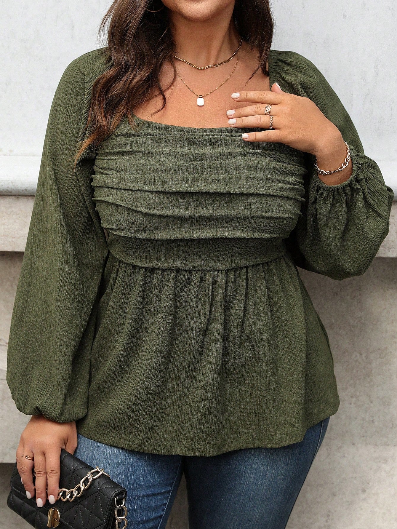 Vionelle Plus Size Women Spring/Summer Solid Square Collar Ruched Lantern Sleeve Elegant Blouse Peplum Top Fall