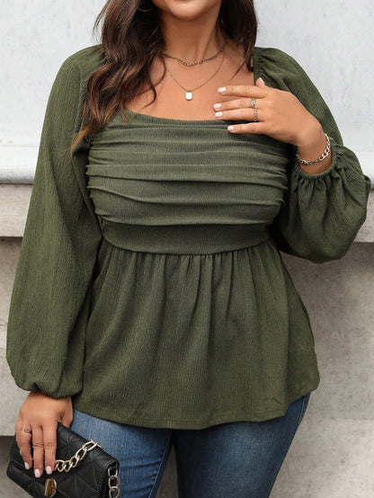 Vionelle Plus Size Women Spring/Summer Solid Square Collar Ruched Lantern Sleeve Elegant Blouse Peplum Top Fall
