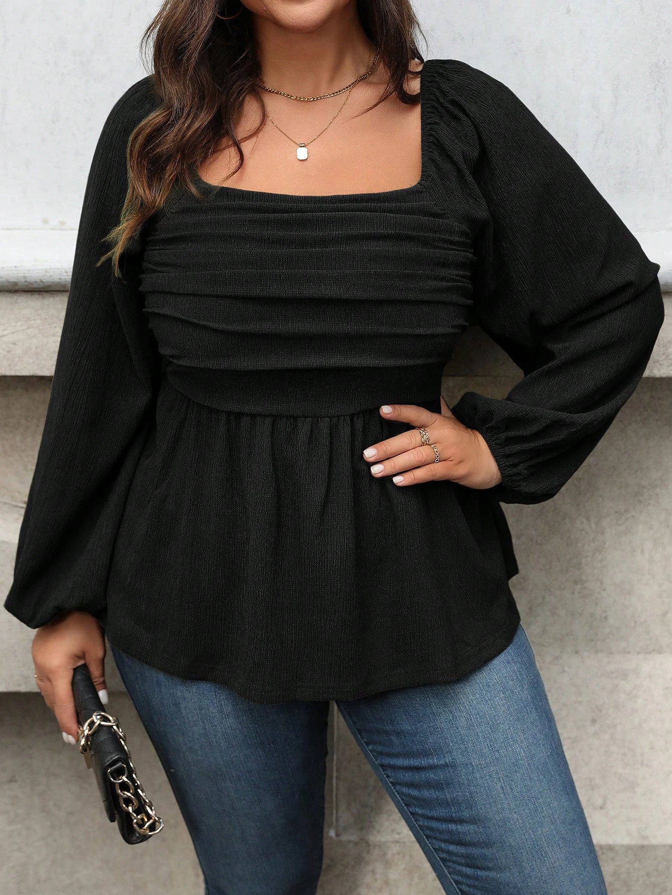Vionelle Plus Size Women Spring/Summer Solid Square Collar Ruched Lantern Sleeve Elegant Blouse Peplum Top Fall