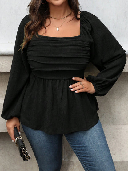 Vionelle Plus Size Women Spring/Summer Solid Square Collar Ruched Lantern Sleeve Elegant Blouse Peplum Top Fall