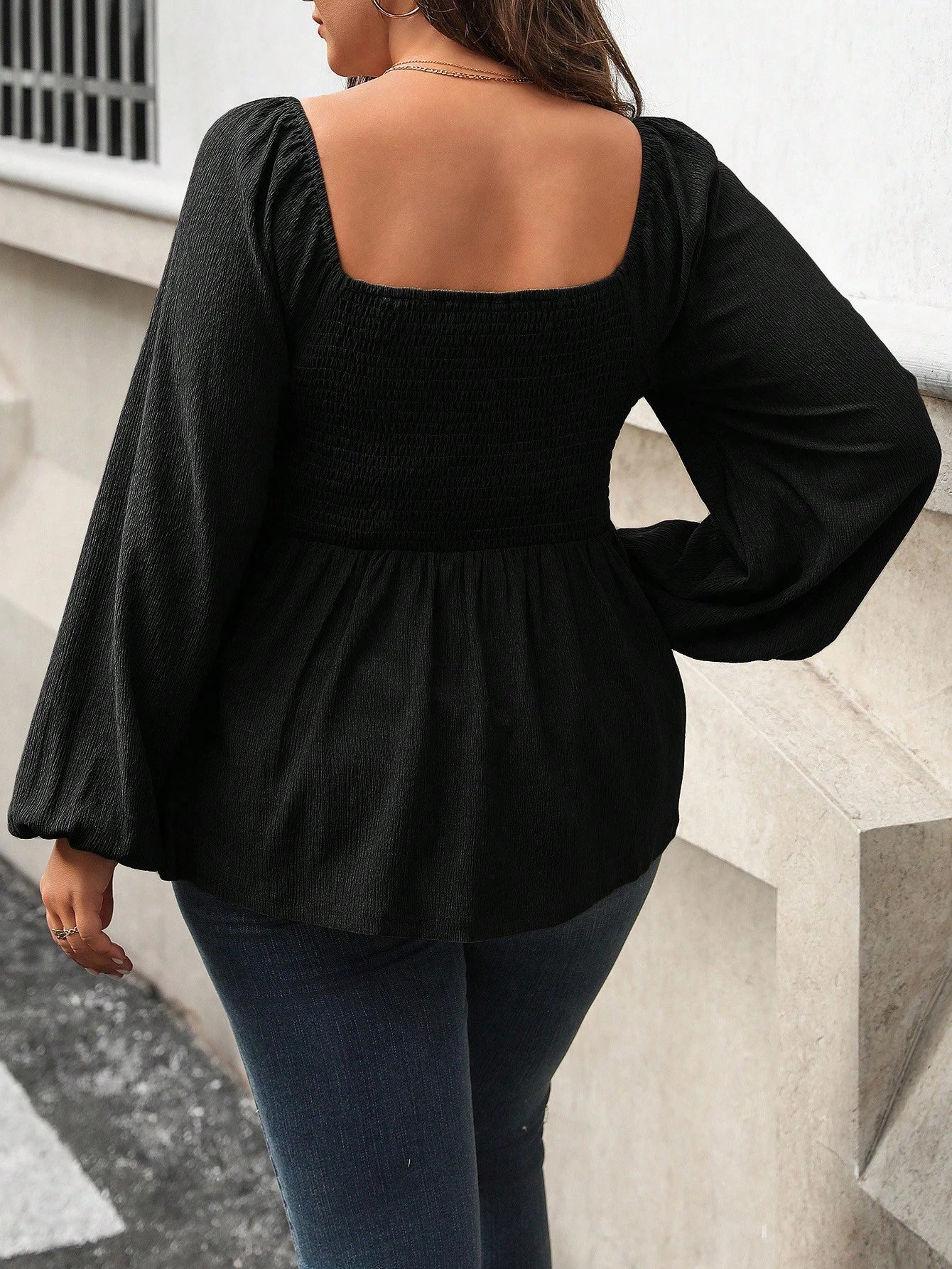 Vionelle Plus Size Women Spring/Summer Solid Square Collar Ruched Lantern Sleeve Elegant Blouse Peplum Top Fall