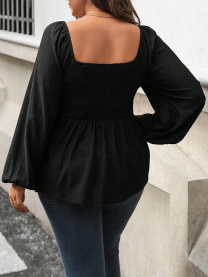 Vionelle Plus Size Women Spring/Summer Solid Square Collar Ruched Lantern Sleeve Elegant Blouse Peplum Top Fall