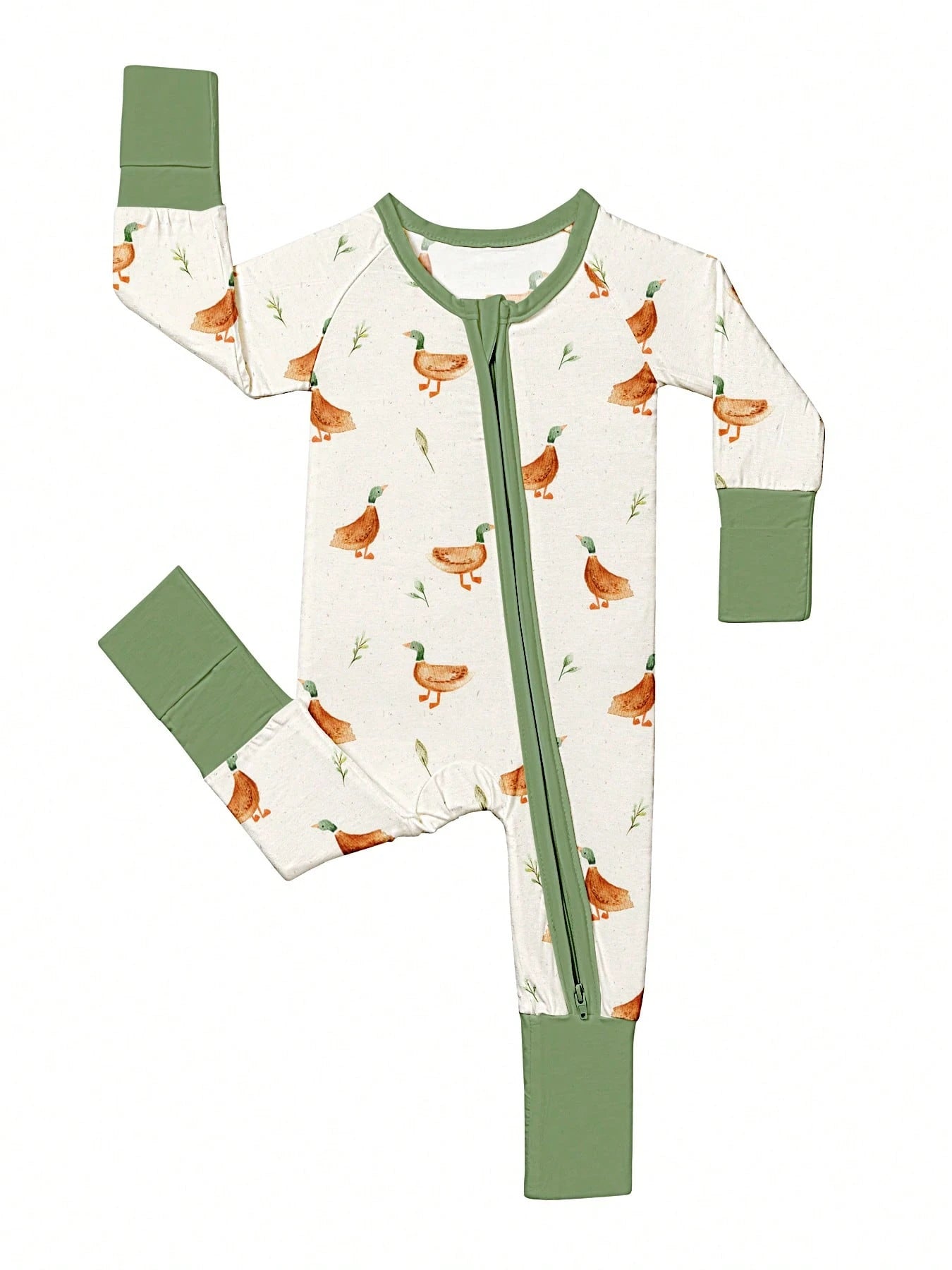 VISIKIDS Baby Bamboo Viscose Duck Print Long Sleeve 2-Way Zip Up Romper, One Piece Outfit For Newborn Infants 0-24M, Sage Green