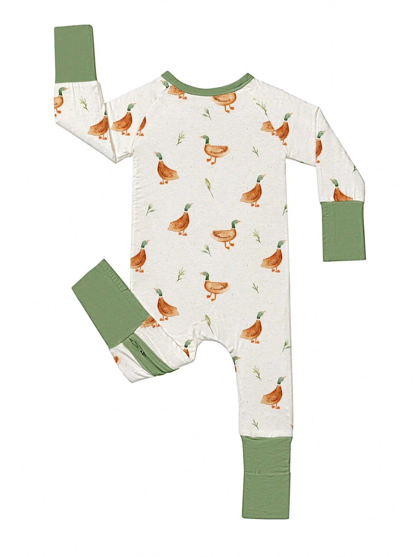 VISIKIDS Baby Bamboo Viscose Duck Print Long Sleeve 2-Way Zip Up Romper, One Piece Outfit For Newborn Infants 0-24M, Sage Green