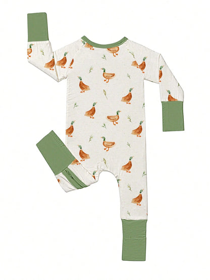 VISIKIDS Baby Bamboo Viscose Duck Print Long Sleeve 2-Way Zip Up Romper, One Piece Outfit For Newborn Infants 0-24M, Sage Green