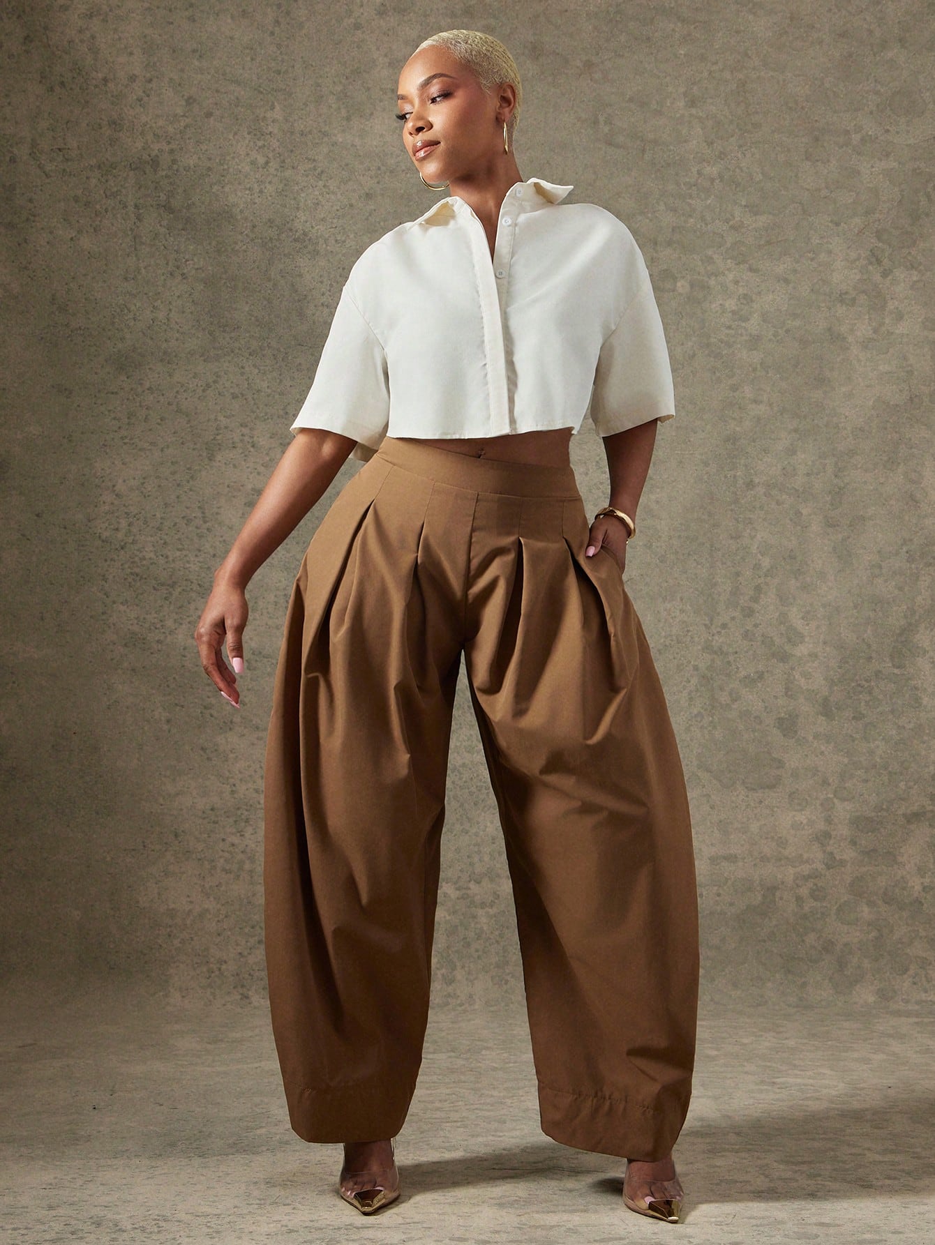 Vixey High Waist Pleated Detail Barrel Leg Office Pants
