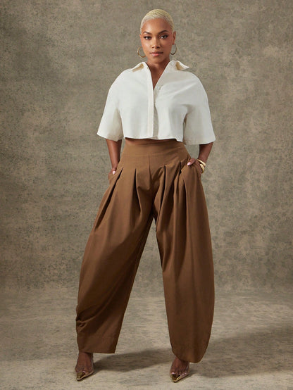 Vixey High Waist Pleated Detail Barrel Leg Office Pants
