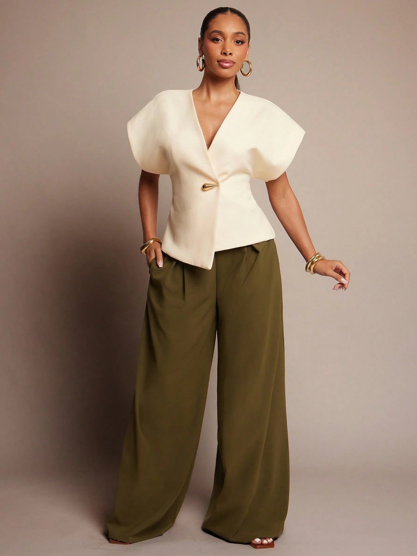 Vixey Solid Textured Woven Asymmetrical Hem Single Button Waistcoat Top