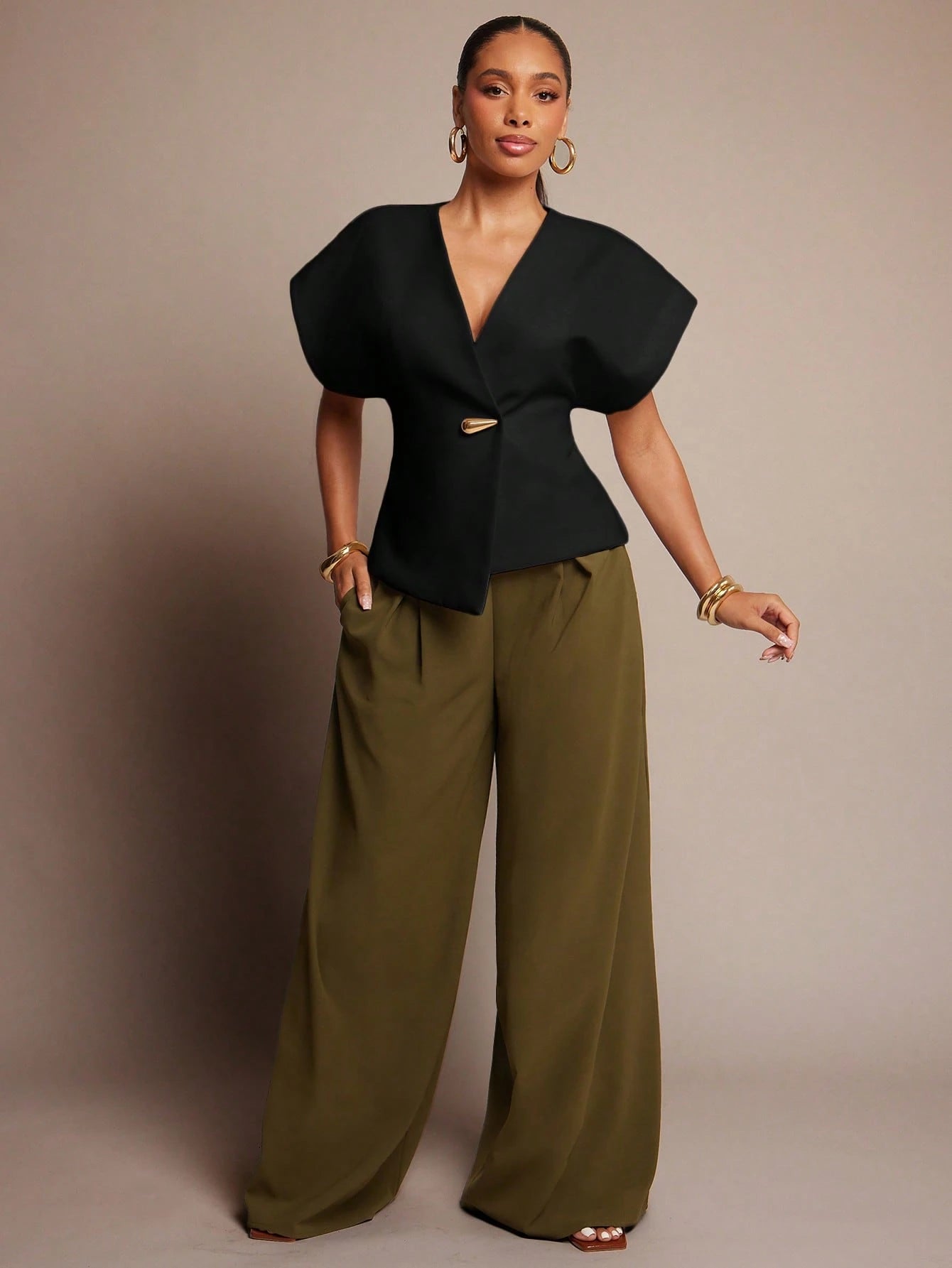 Vixey Solid Textured Woven Asymmetrical Hem Single Button Waistcoat Top
