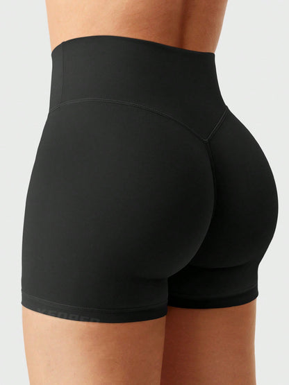 VOYJOY Women's Biker Shorts 4.5" Workout Gym Shorts Craze High Waist Tummy Control Hidden Scrunch Running Yoga Gym Shorts Black Shorts