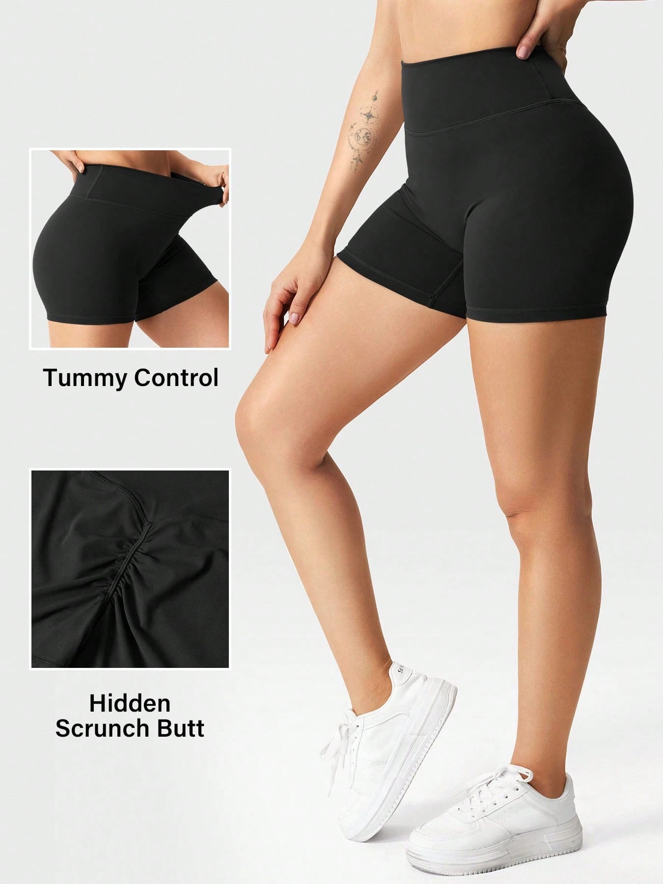 VOYJOY Women's Biker Shorts 4.5" Workout Gym Shorts Craze High Waist Tummy Control Hidden Scrunch Running Yoga Gym Shorts Black Shorts