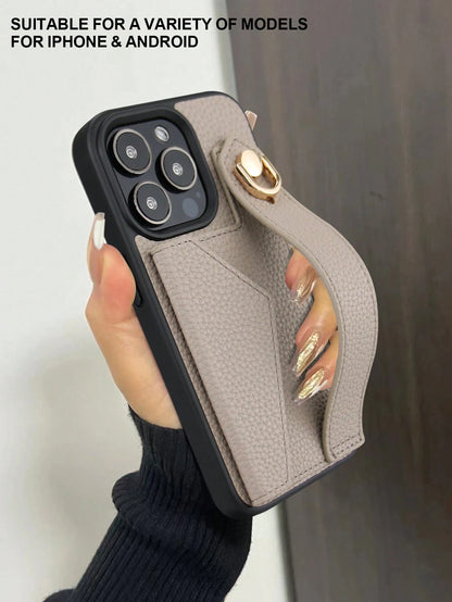 Wallet Card Case Leather Cardholder Phone Cases Leather Solid Color Material Cardholder Leather Card Holder + Phone Case With Wrist Strap Stand Function, Compatible With Apple 11 12 13 14 15 16e 17 Pl