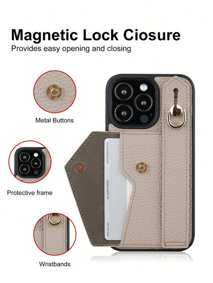 Wallet Card Case Leather Cardholder Phone Cases Leather Solid Color Material Cardholder Leather Card Holder + Phone Case With Wrist Strap Stand Function, Compatible With Apple 11 12 13 14 15 16e 17 Pl