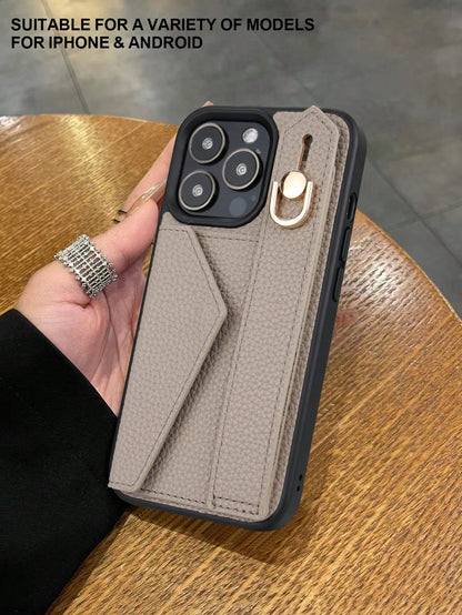 Wallet Card Case Leather Cardholder Phone Cases Leather Solid Color Material Cardholder Leather Card Holder + Phone Case With Wrist Strap Stand Function, Compatible With Apple 11 12 13 14 15 16e 17 Pl