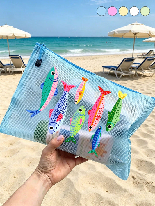 Waterproof Fashion Beach Bag With Cute Fish Pattern, Large Capacity Transparent Makeup Bag With Nylon Zipper, Lightweight Sun-Proof Storage Bag, Multifunctional Storage Bag, Suitable For Swimming, Bea