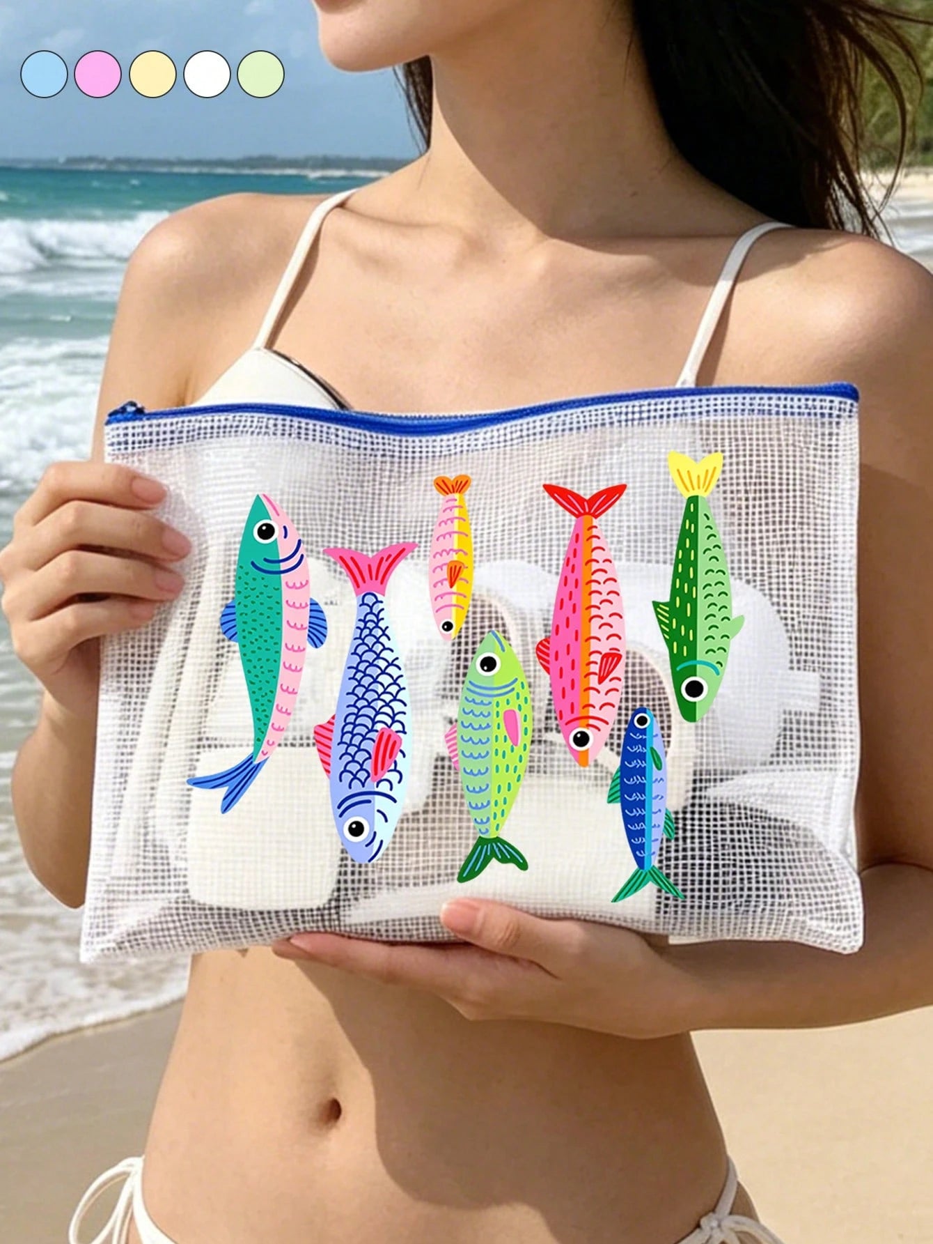 Waterproof Fashion Beach Bag With Cute Fish Pattern, Large Capacity Transparent Makeup Bag With Nylon Zipper, Lightweight Sun-Proof Storage Bag, Multifunctional Storage Bag, Suitable For Swimming, Bea
